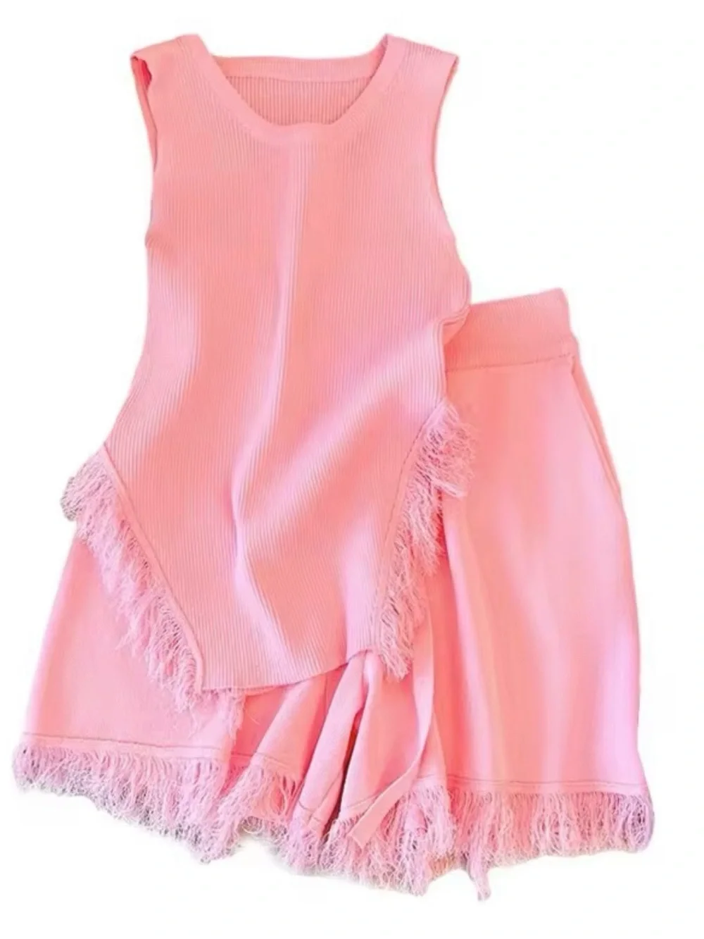 Pink Fringe Two-Piece Tank & Shorts Set